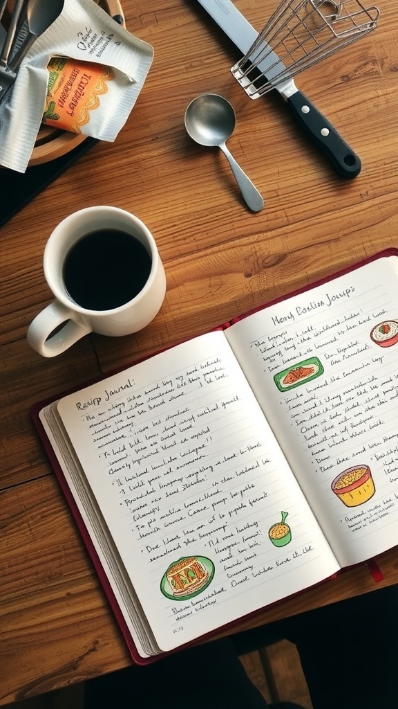A recipe journal with handwritten notes and illustrations on a wooden table with a cup of coffee.